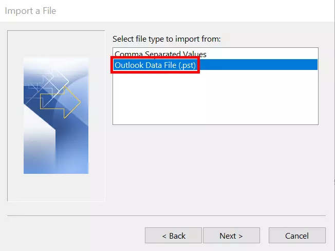 Select the file format in the Outlook Wizard