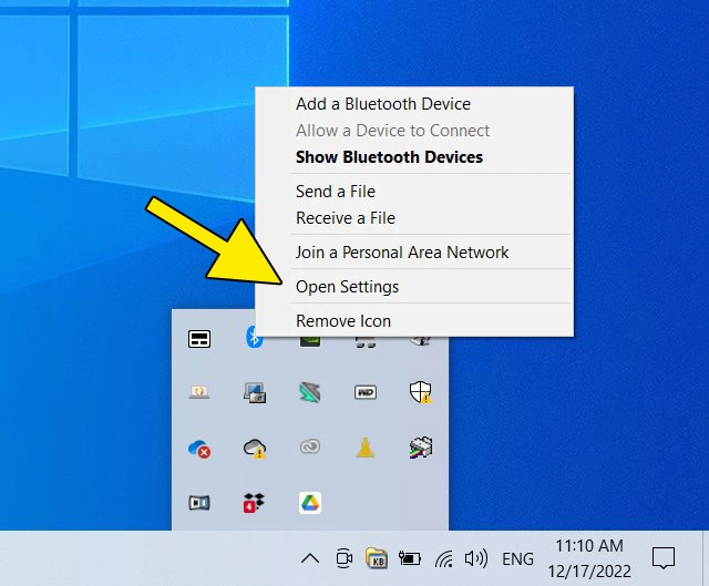 Windows 10 screenshot: “Open Settings” context menu item