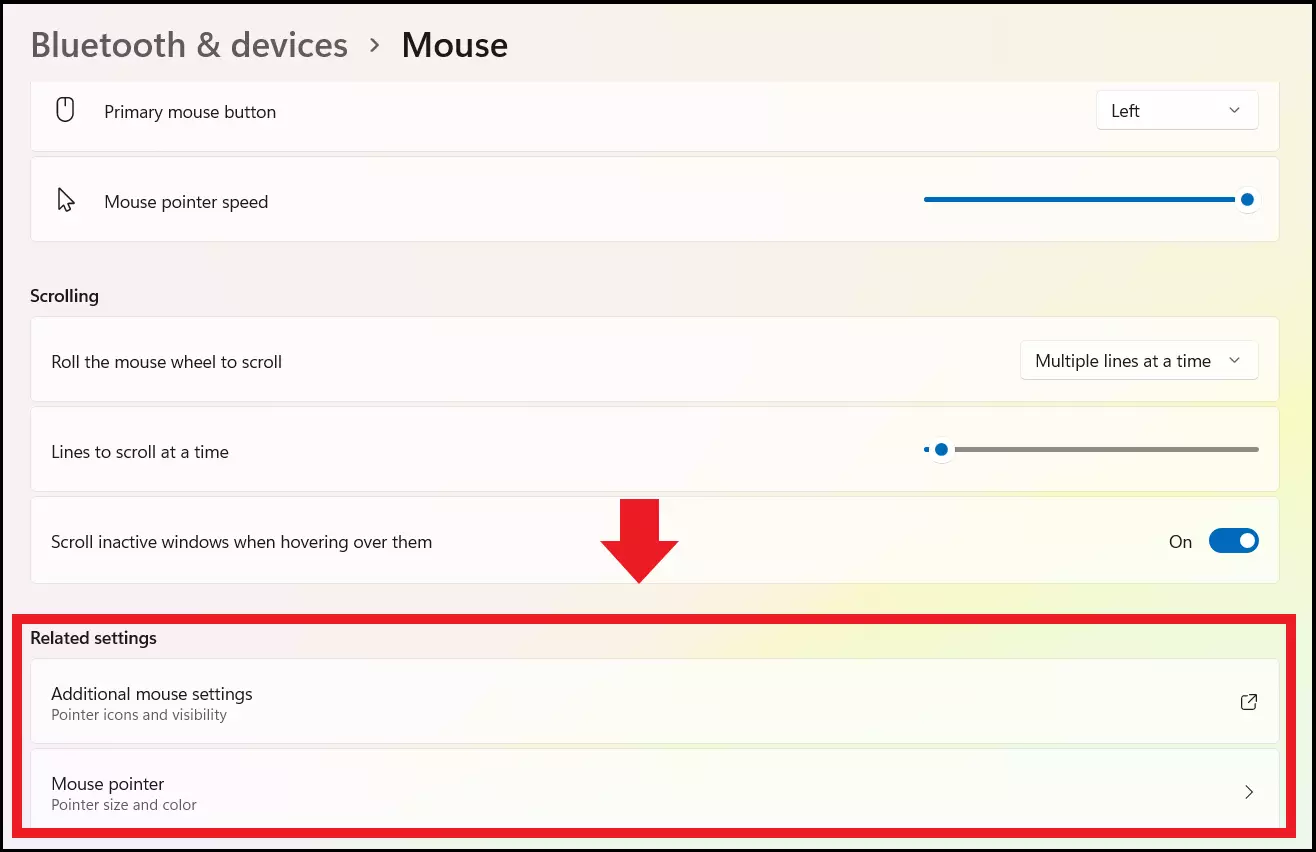 The “Additional mouse settings” and “Mouse pointer” menus in the “Related settings” menu of pointer settings