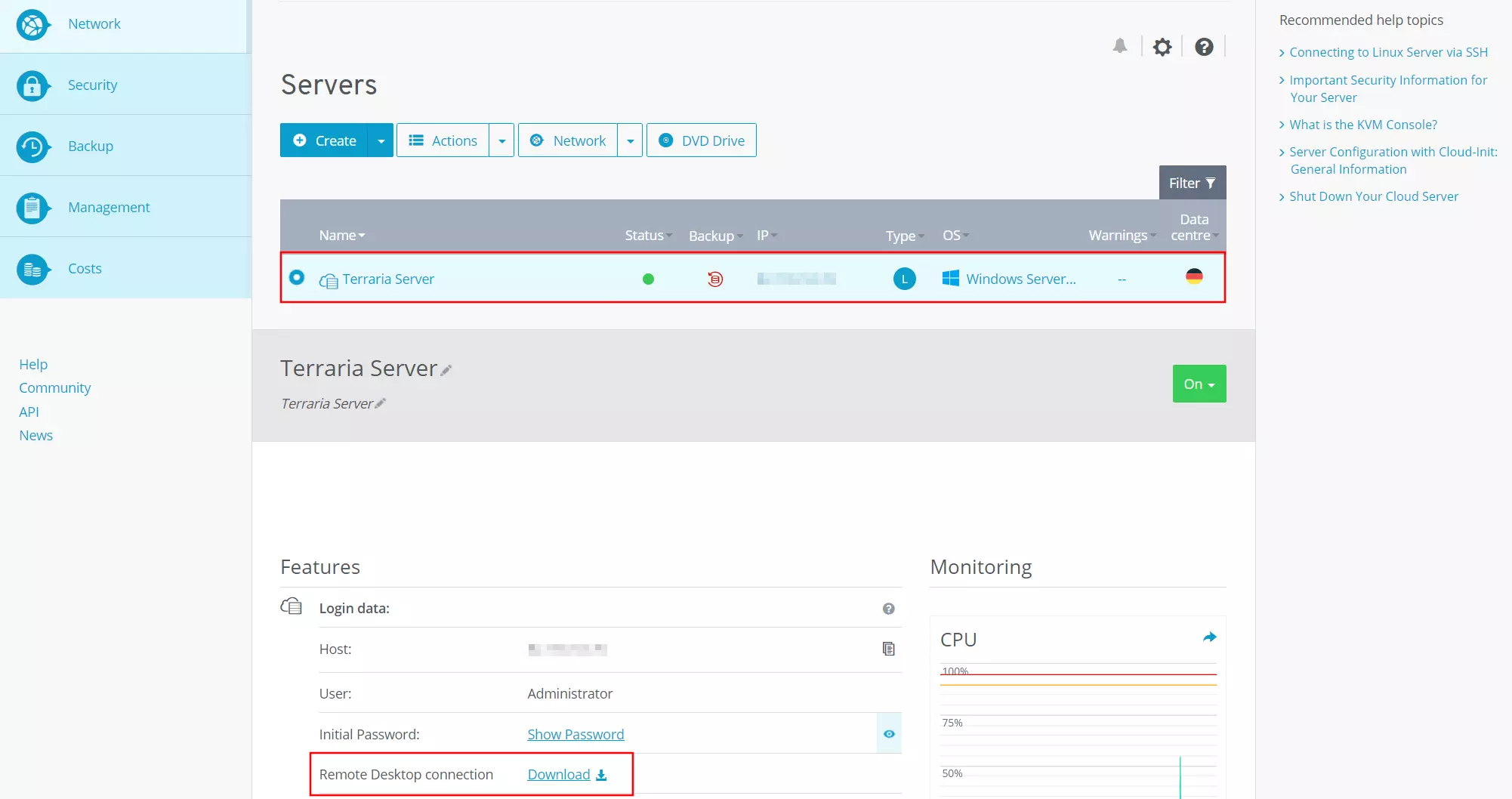 IONOS Cloud Panel: Server overview