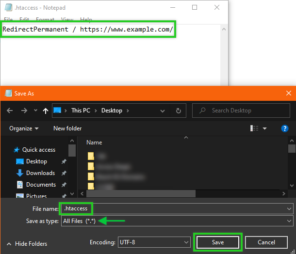Windows Notepad with the save prompt saving the file as .htaccess