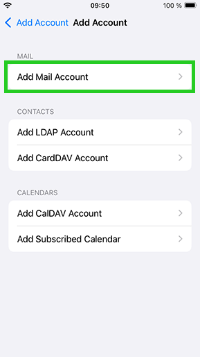 iPhone Add mail account menu