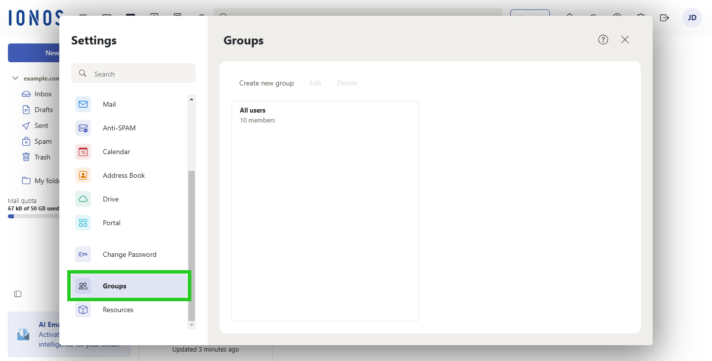 The Mail Business webmail interface with Groups highlighted