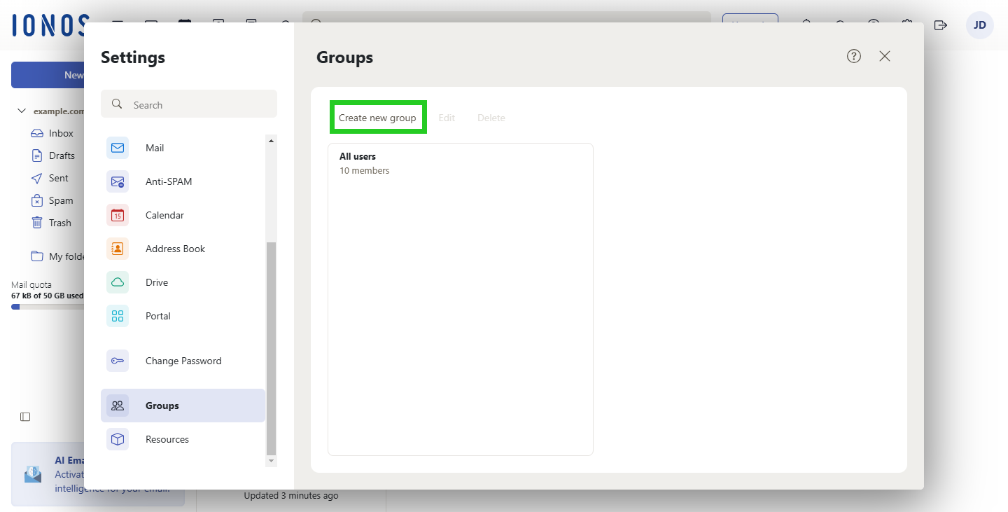 The Mail Business webmail interface with Create new group highlighted