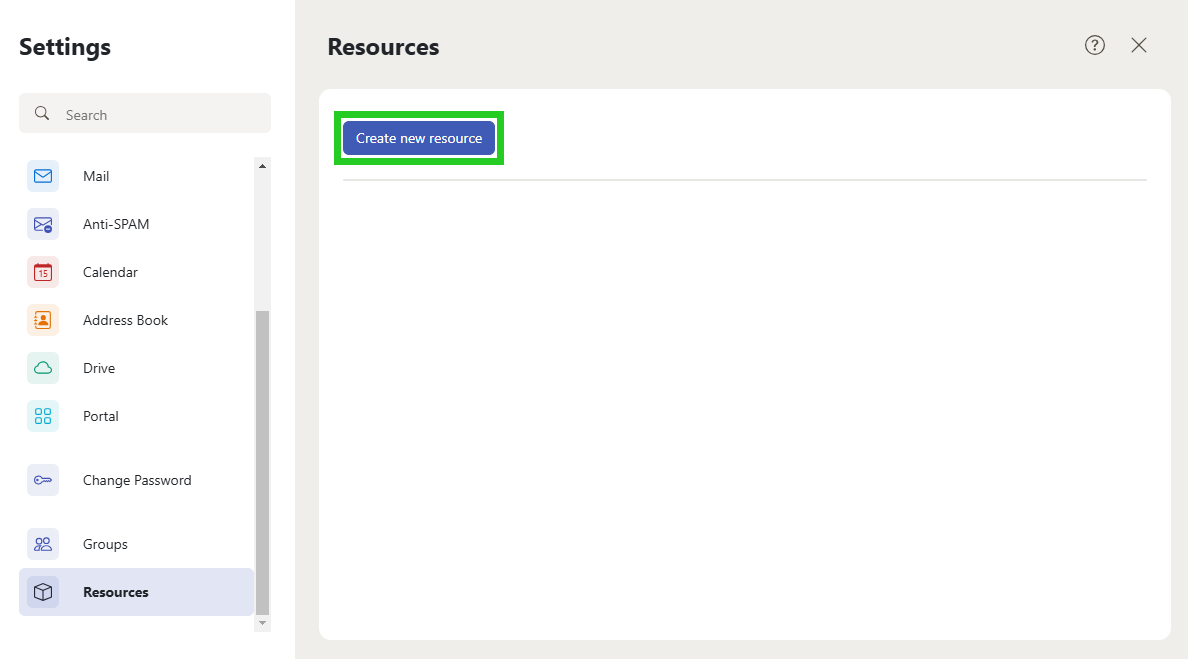 The Mail Business webmail Resource settings interface with Create new resource highlighted