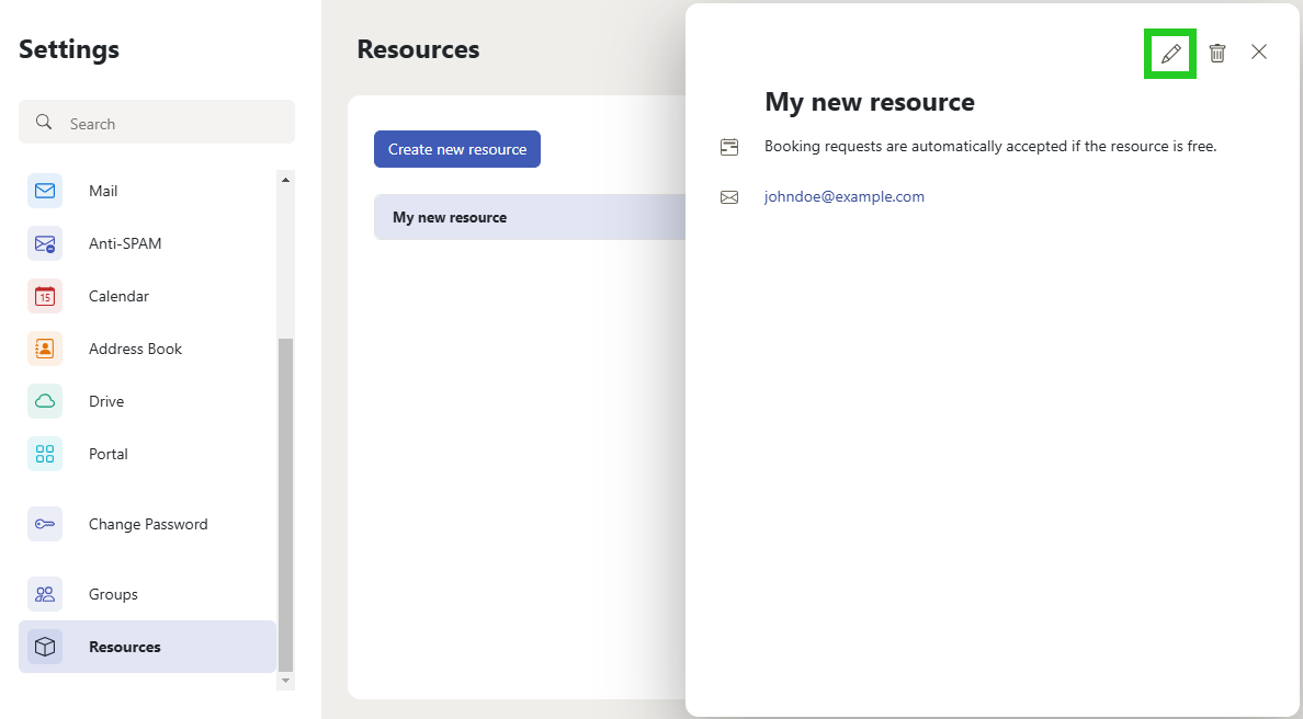 The Mail Business webmail Resources page with the pencil icon highlighted