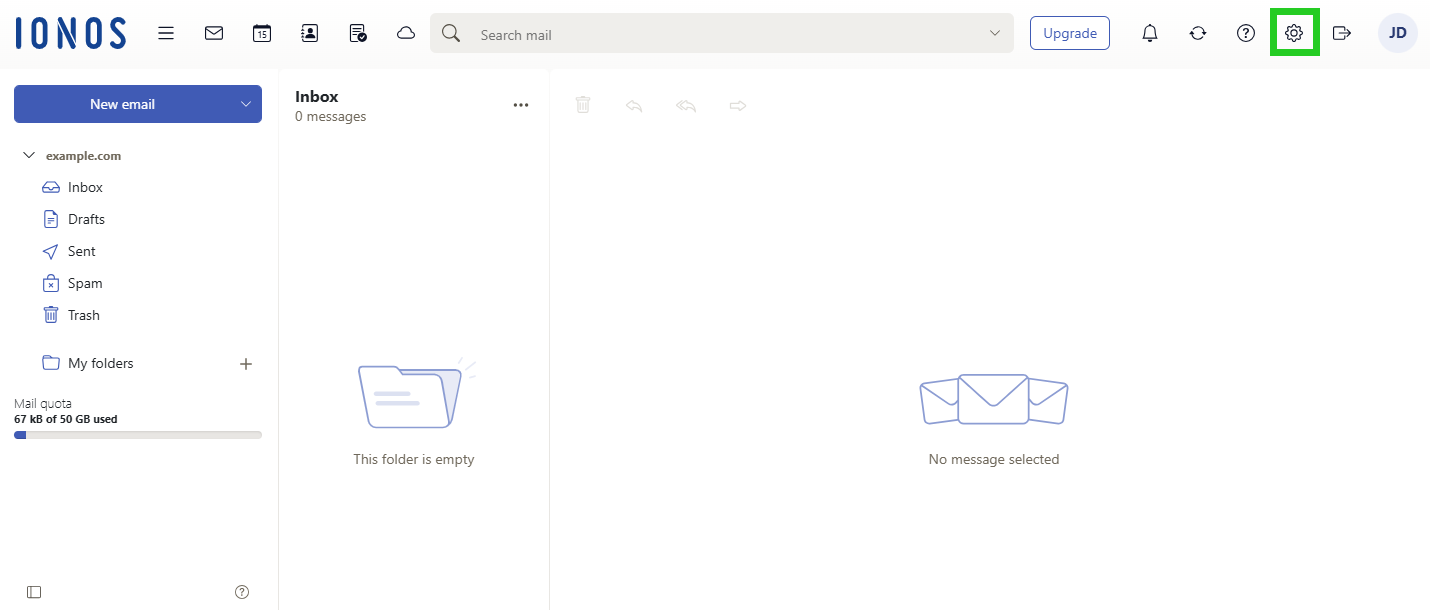 The Mail Business webmail interface with settings highlighted