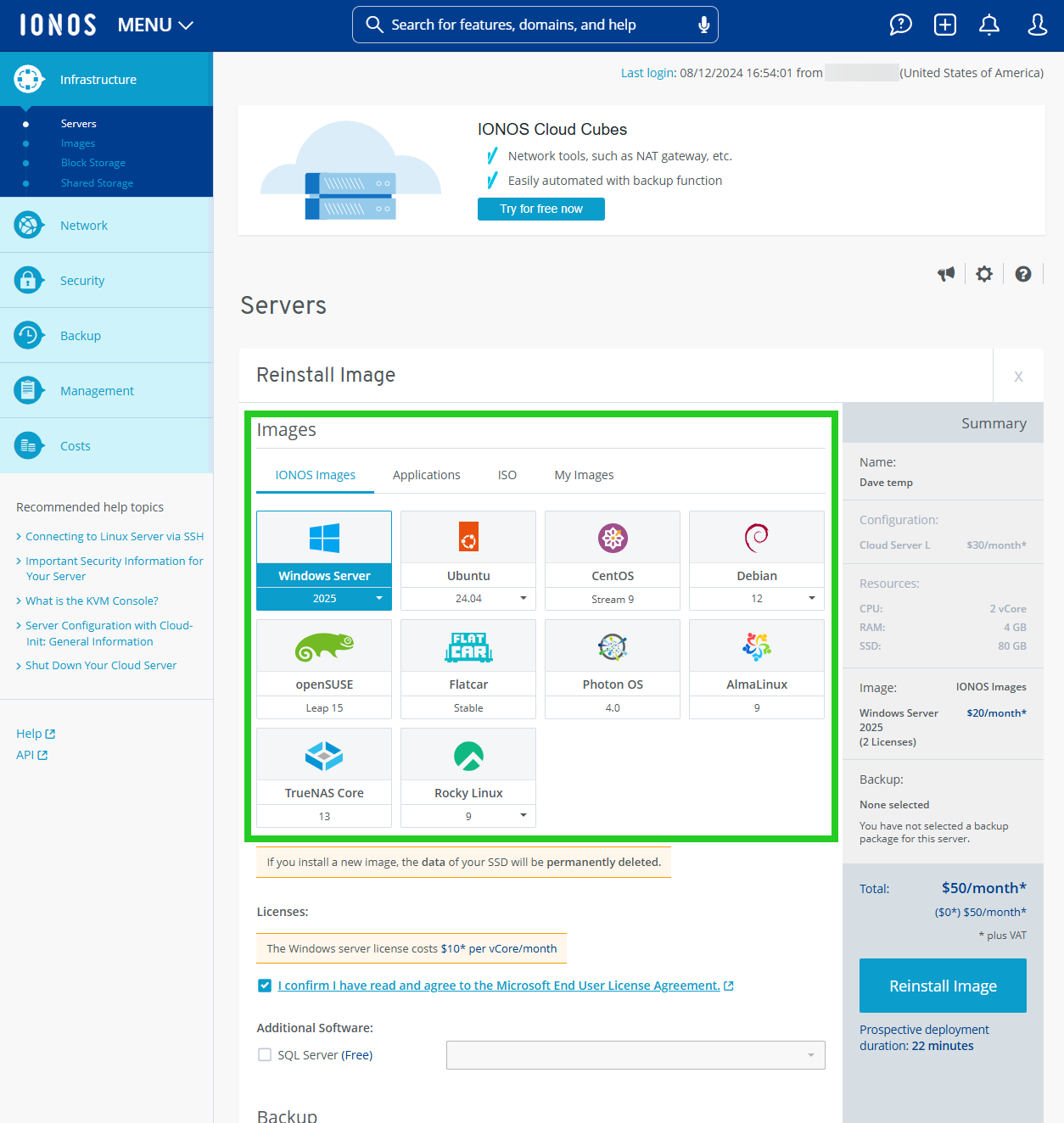 A screenshot of the IONOS Cloud Panel with the 'Images' section of the 'Reinstall Image' page highlighted