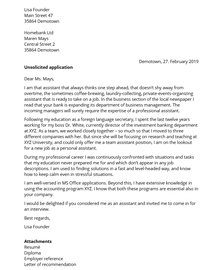 example sample of unsolicited application letter