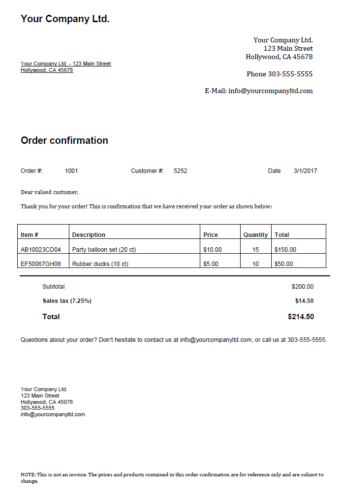 Purchase Order Confirmation Letter